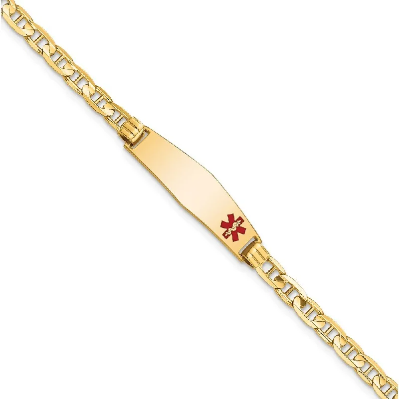 bold sapphire peak ridge bracelet-14k Yellow Gold 7.5mm Medical Soft Diamond Shape Red Enamel Anchor Link ID Bracelet, 7"