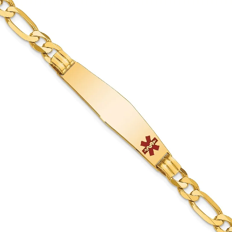 nature-themed crest ridge bracelet-14k Yellow Gold 9.5mm Medical Soft Diamond Shape Red Enamel Figaro ID Bracelet, 7"