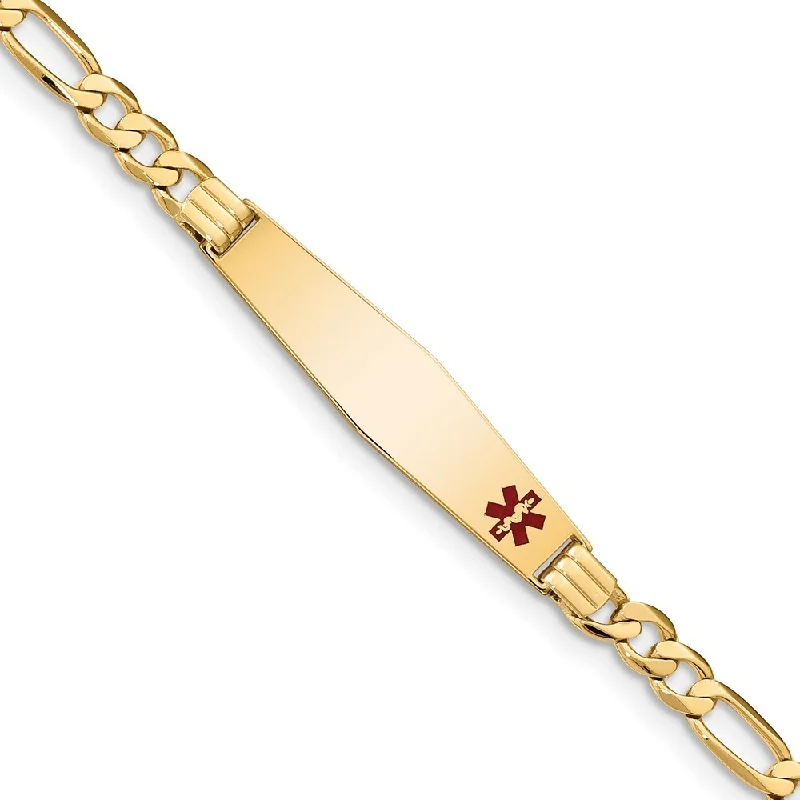 art deco turquoise bracelet-14k Yellow Gold 9mm Medical Soft Diamond Shape Red Enamel Flat Figaro Link ID Bracelet, 7"