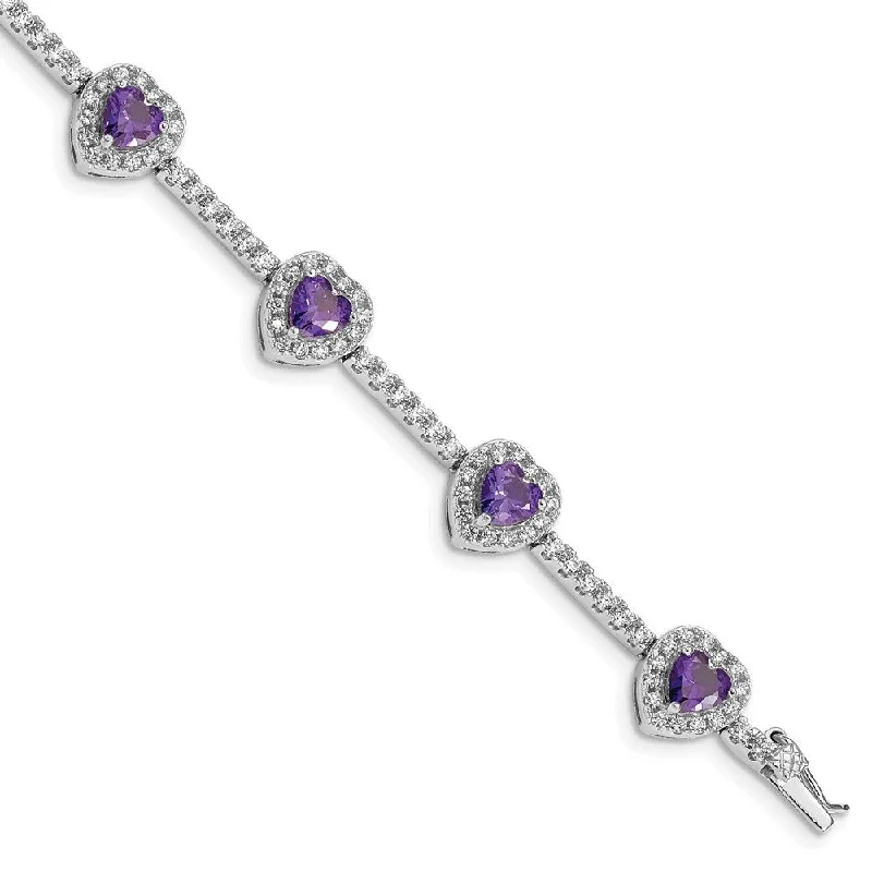 bold ruby peak ridge bracelet-925 Sterling Silver Rhodium-plated Amethyst and Clear Cubic Zirconia Heart Bracelet, 7"