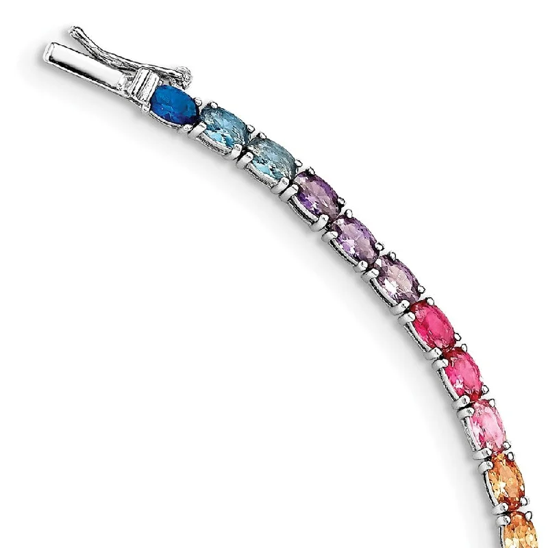 artisan-crafted gold bracelet-925 Sterling Silver Rhodium-plated Oval Colorful Cubic Zirconia Tennis Bracelet, 7.5"