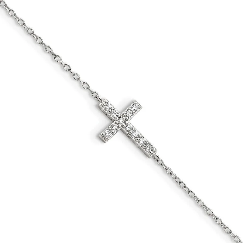 polished silver tier bracelet-925 Sterling Silver with Cubic Zirconia Sideways Cross Bracelet, 7" w/1in Extender