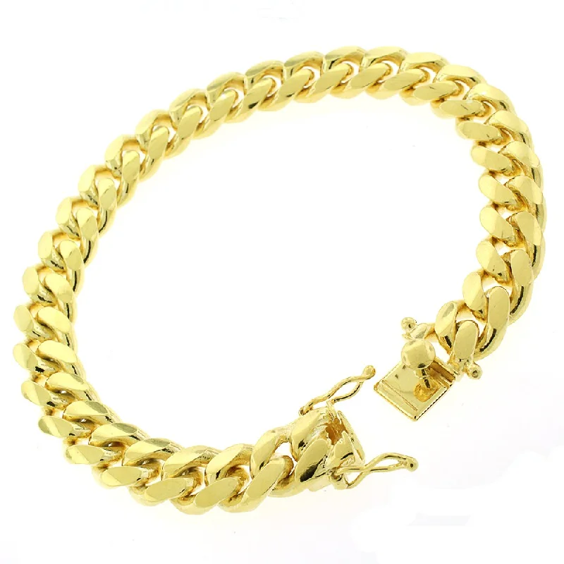 floral inset diamond bracelet-Authentic Solid Sterling Silver 10mm Miami Cuban Curb Link .925 Yellow Gold Thick Bracelet Chain 9"