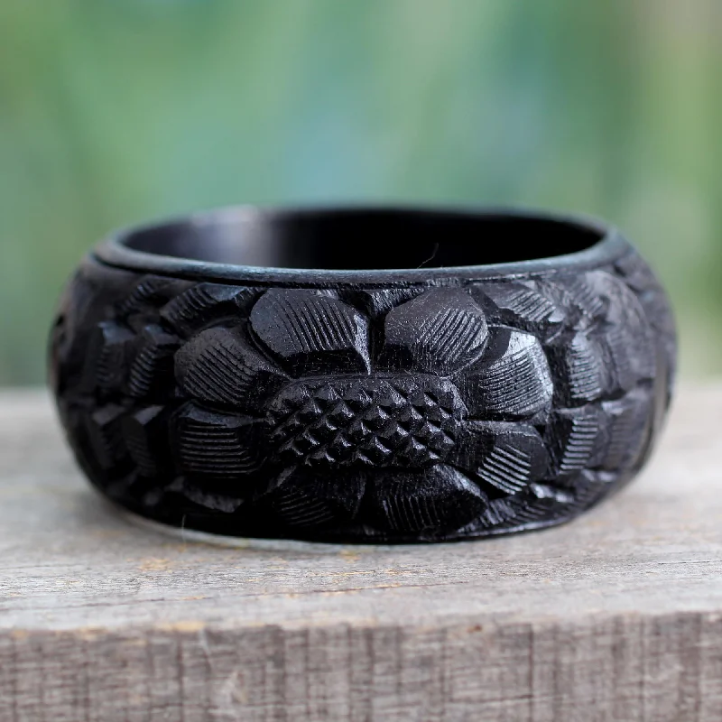 raw agate cluster bracelet-Black Sunflower Handmade Wood Bangle Bracelet