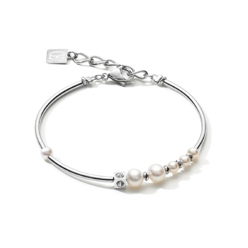 eight-stone cuff bracelet-Bracelet Asymmetry freshwater pearls & stainless steel white-silver