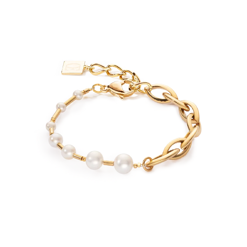 inscribed tradition cuff bracelet-Bracelet Freshwater Pearls & Chunky Chain Navette Multiwear white-gold