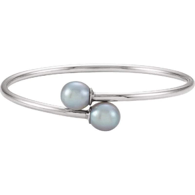 bold opal peak ridge bracelet-Curata 925 Sterling Silver 10mm Gray Cultured Pearl Flexible Cuff Bangle Bracelet