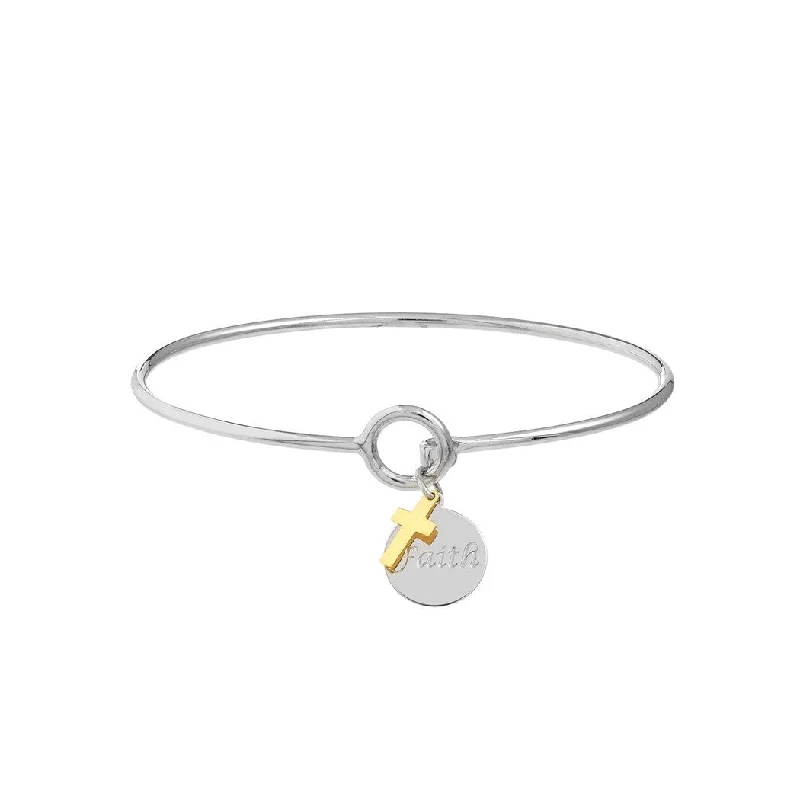 polished silver arc bracelet-Curata 925 Sterling Silver 14k Gold Cross FAITH Disk Hook Stackable Bangle Bracelet