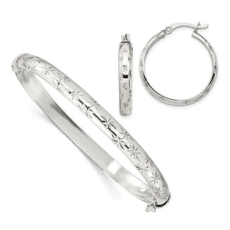 gothic-inspired spider claw bracelet-Curata 925 Sterling Silver 6mm Diamond-cut Bangle Bracelet and 4mm Hoop Earrings Set