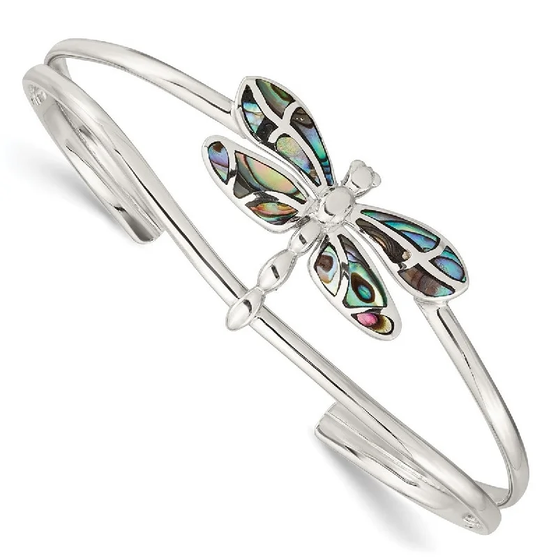 polished silver nebula bracelet-Curata 925 Sterling Silver Abalone Dragonfly Adjustable Cuff Bangle Bracelet