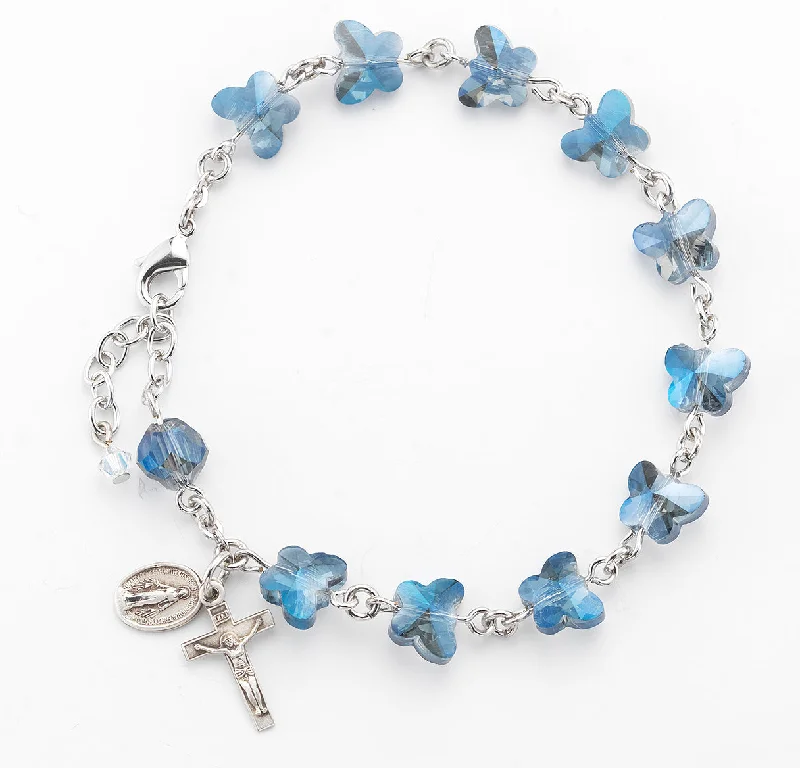 floral-inspired agate bracelet-Dark Blue Butterfly Rosary Bracelet - BR7111DB