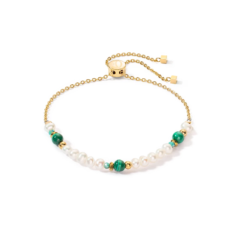 raw agate cluster bracelet-Harmony bracelet freshwater pearls & malachite gold