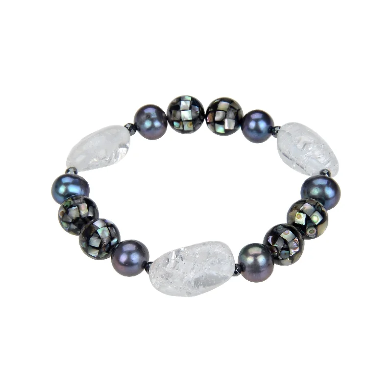 vintage-style turquoise bracelet-Hematite, Abalone Shell, Pearl and White Crystal Stretchable Bracelet