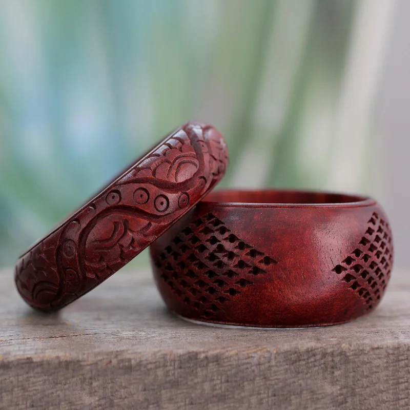 minimalist arc peak bracelet-India Romance Artisan Crafted Floral Mango Wood Bangle Bracelets (Pair)