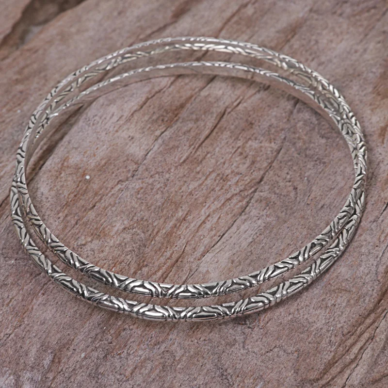 bohemian summit peak bracelet-Indonesian Moon Two 925 Sterling Silver Handmade Engraved Bangles from Bali