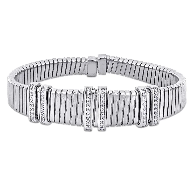 nature-themed crest ridge bracelet-Miadora 1 3/4ct TGW Cubic Zirconia Omega Design Bangle in Sterling Silver - 8 in - 8 in x 16.5 mm x 5 mm