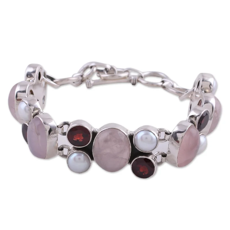 floral inset diamond bracelet-Novica Handmade A Spell Of Romance Pearl And Rose Quartz Charm Bracelet