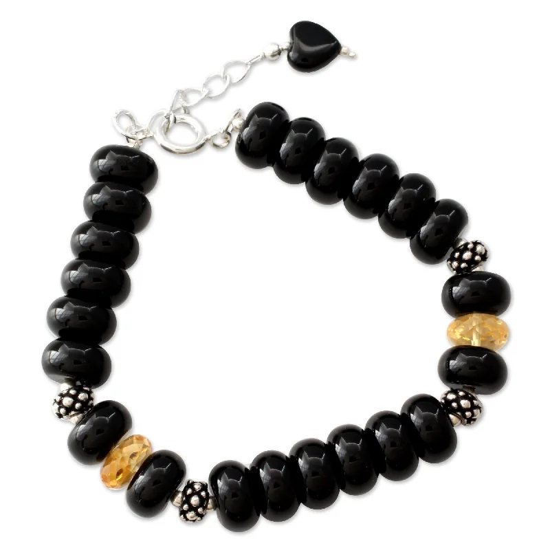 nature-themed crest ridge bracelet-Novica Handmade Heart Style Onyx And Citrine Dangling Bracelet