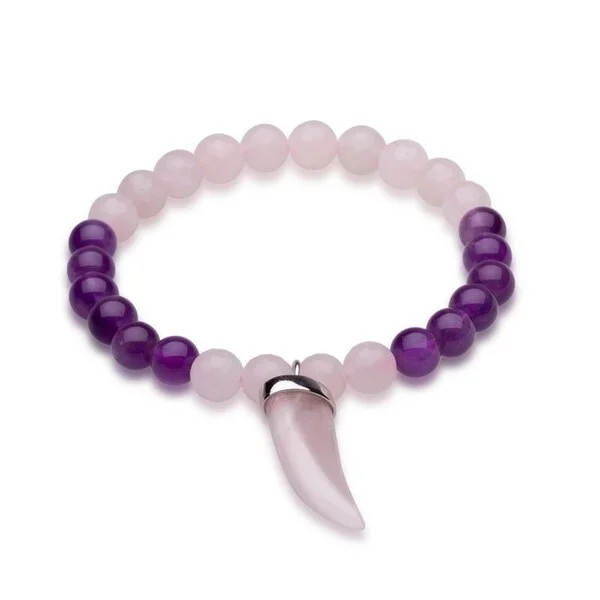 raw turquoise accent bracelet-Sterling Silver Horn Charm Rose Quartz and Amethyst Beaded Stretch Bracelet