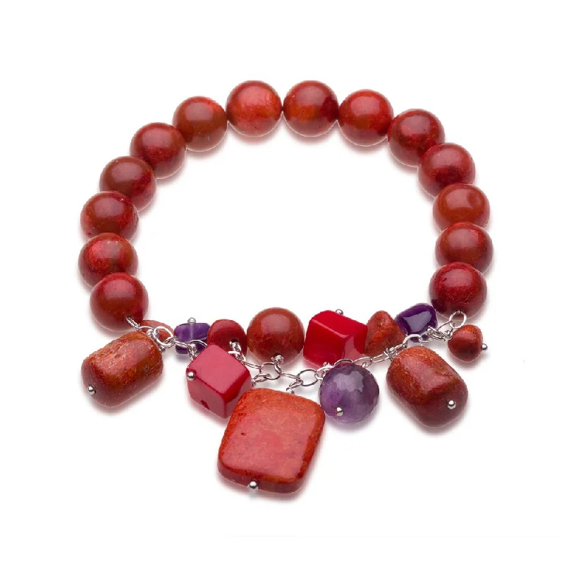 bohemian glyph bracelet-Sterling Silver Red coral and Gemstone Beaded Stretch Bracelet