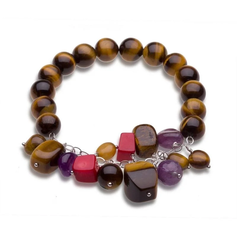 vintage-style sunstone bracelet-Sterling Silver Tiger Eye and Gemstone Beaded Stretch Bracelets