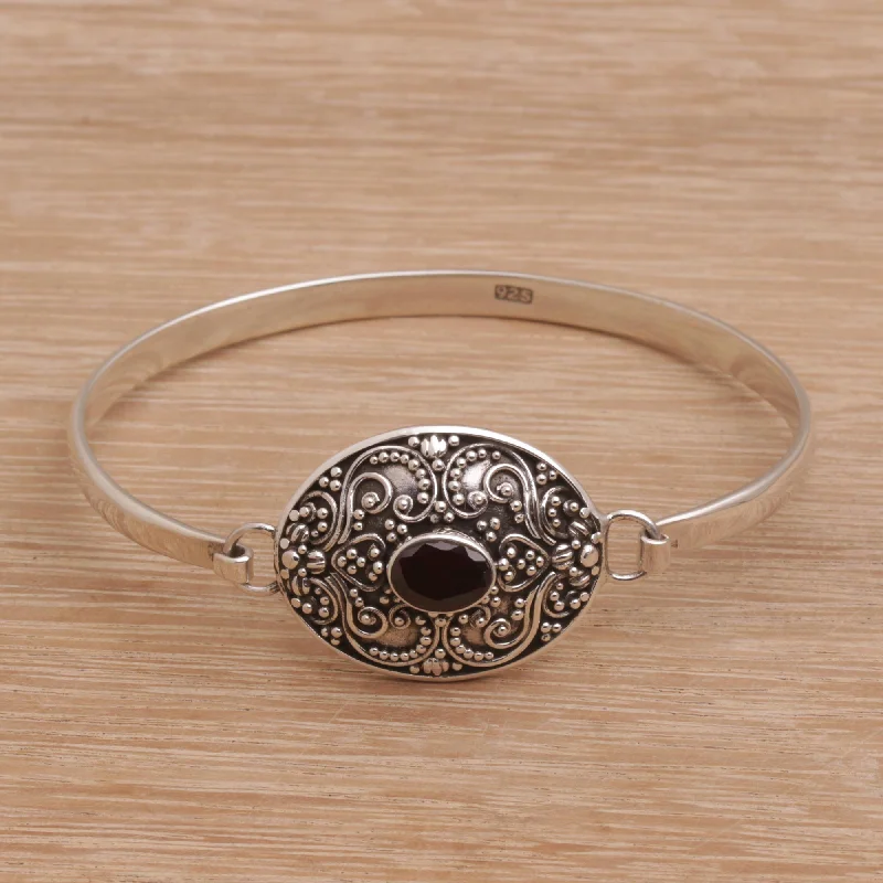 adjustable crest peak bracelet-Tender Love One Carat Oval Garnet and Silver Bangle Bracelet