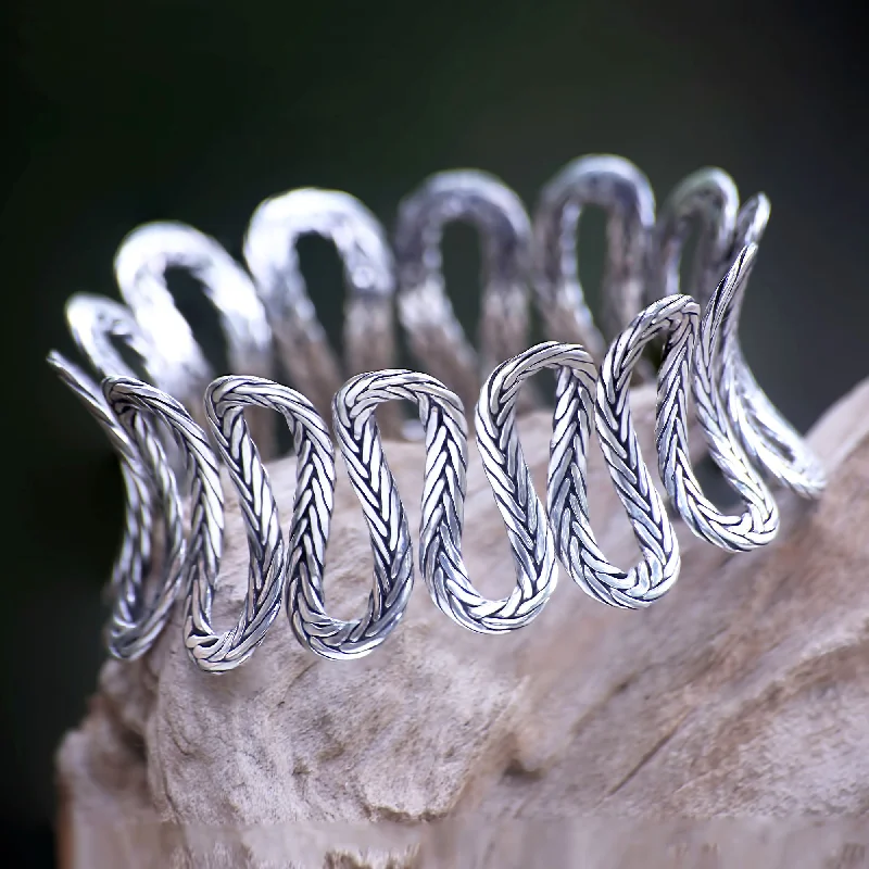 vintage-style moonstone bracelet-The River Unique Balinese Fair Trade Wide Silver Bangle