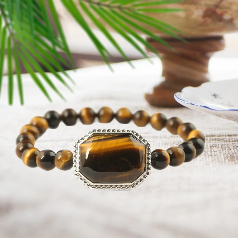 artisan-crafted gold bracelet-V3 Jewelry Sterling Silver Tiger Eye Bead Stretch Bracelet Gift for Her