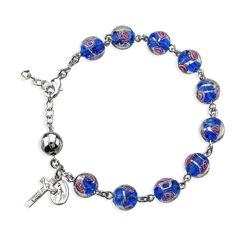 adjustable ridge peak bracelet-Venetian Style Round Blue with Pink Rose Embedded Glass Bead Rosary Bracelet - BR7880