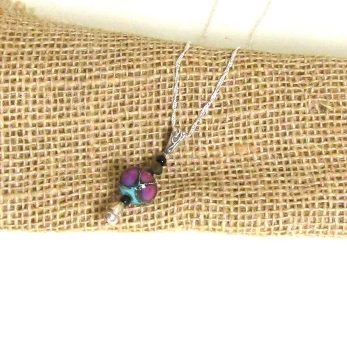 inscribed unity pendant necklace-Purple & Black Handmade Artisan Bead Pendant Necklace