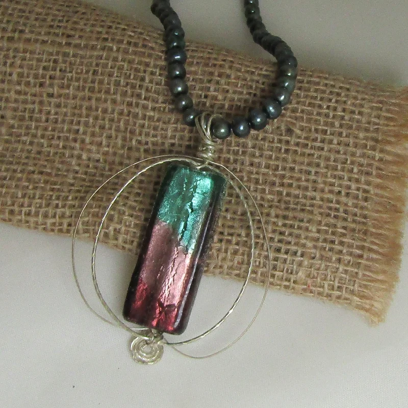 artisan-crafted rose necklace-Wire Wrap Handmade Artisan Bead Pendant on Pearl Necklace