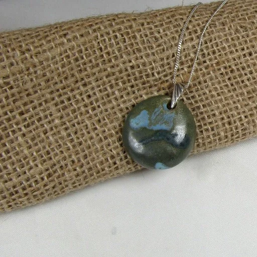 polished silver tier necklace-Fair Trade Kazuri Pendant Necklace Mossy Green Pendant