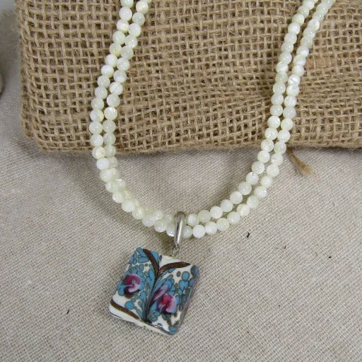 floral inset diamond necklace-Handmade Venetian Glass Pendant with Mother of Pearl Necklace