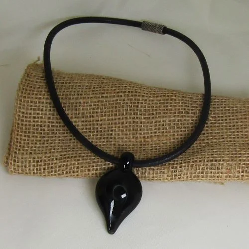 dainty twig chain necklace-One Of A Kind  Black Handmade Pendant on Leather Necklace