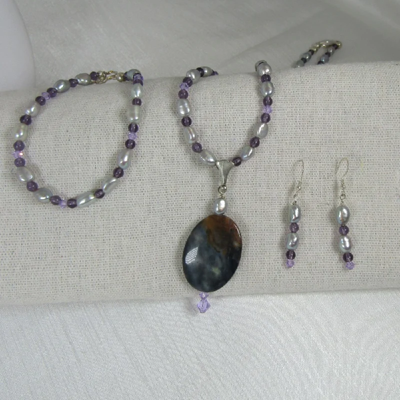 bohemian summit peak necklace-Lilac Pearl Necklace with Lepidolite Pendant Jewelry Set