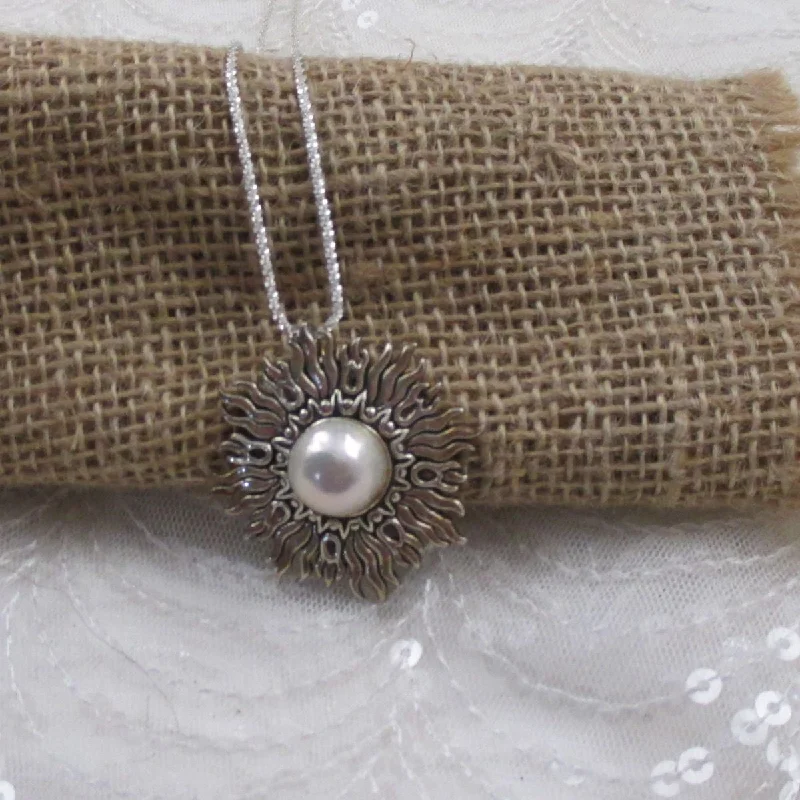 modern tiered emerald necklace-Pearl Sunburst & Sterling Silver  Pendant Necklace