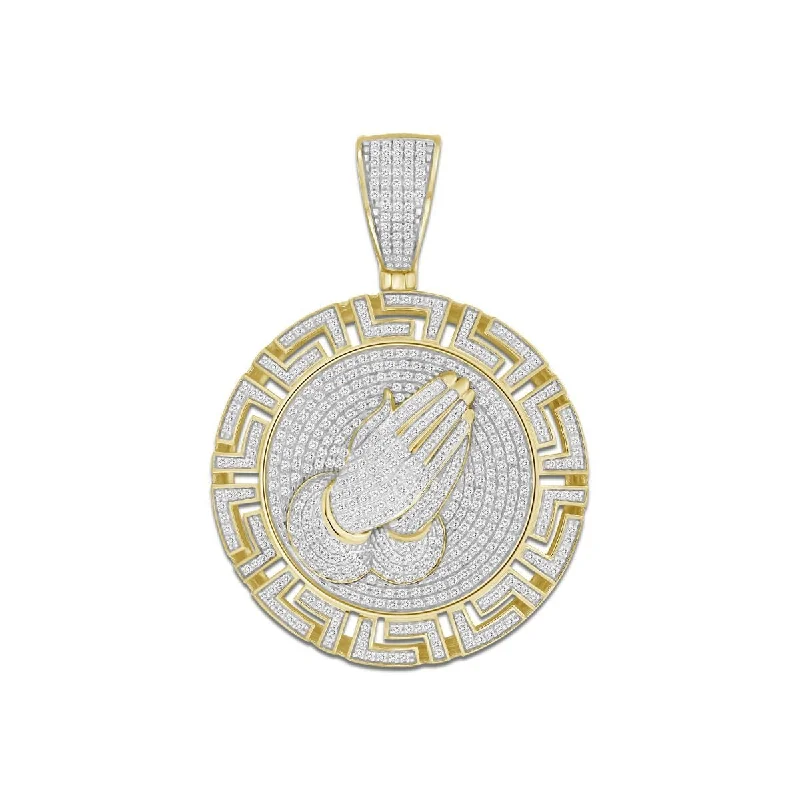 modern tiered ruby necklace-10KT Yellow Gold 1-1/5 CTW Diamond 49X34MM Praying Hand Medal Charm. Chain not Included