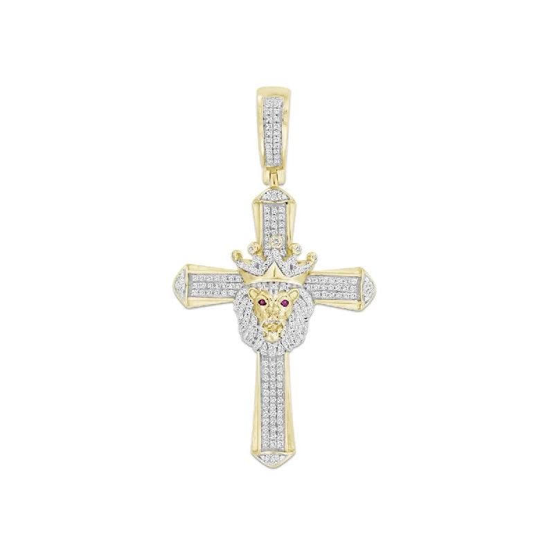 floral eternity sapphire necklace-10KT Yellow Gold 1/2 CTW Diamond 56X30MM Cross Crown Lion Charm. Chain not Included