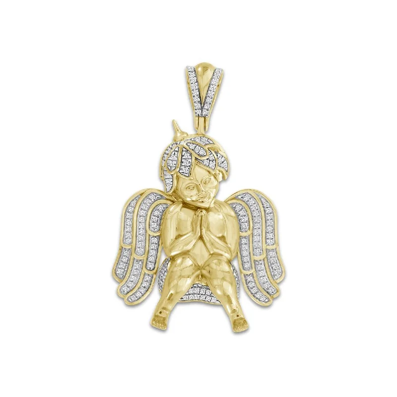 bold amethyst peak ridge necklace-10KT Yellow Gold 3/8 CTW Diamond 44X27MM Praying Angel Cherub Charm. Chain not Included