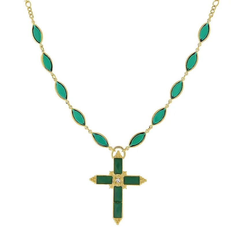 raw malachite statement necklace-1928 Jewelry Green Cross Pendant Necklace 16" + 3" Extender