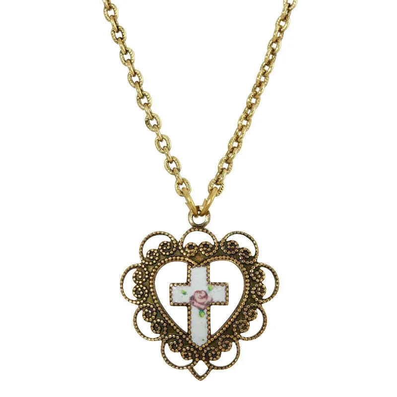 minimalist ridge peak necklace-Symbols Of Faith Heart With White Floral Cross Pendant Necklace 16" + 3" Extender