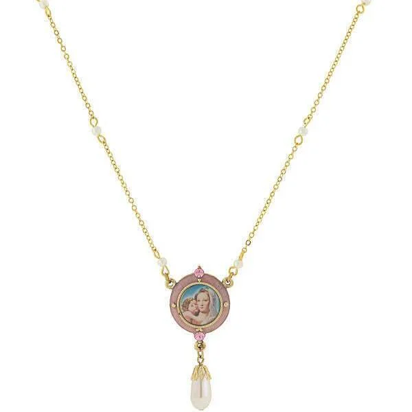 floral eternity sapphire necklace-Symbols Of Faith Pink & Faux Pearl Drop Pendant Mary And Child Necklace 16" + 3" Extender