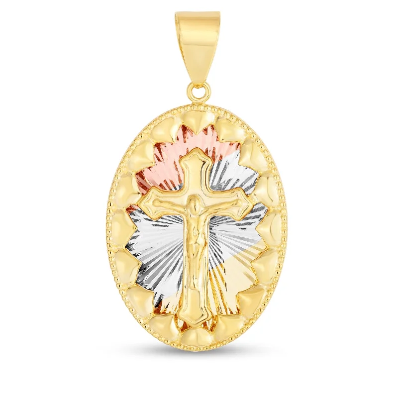 minimalist ridge peak necklace-14KT Gold Tri-Color 39X20.8MM Religious Crucifix Cross Medal Pendant. Chain Not Included