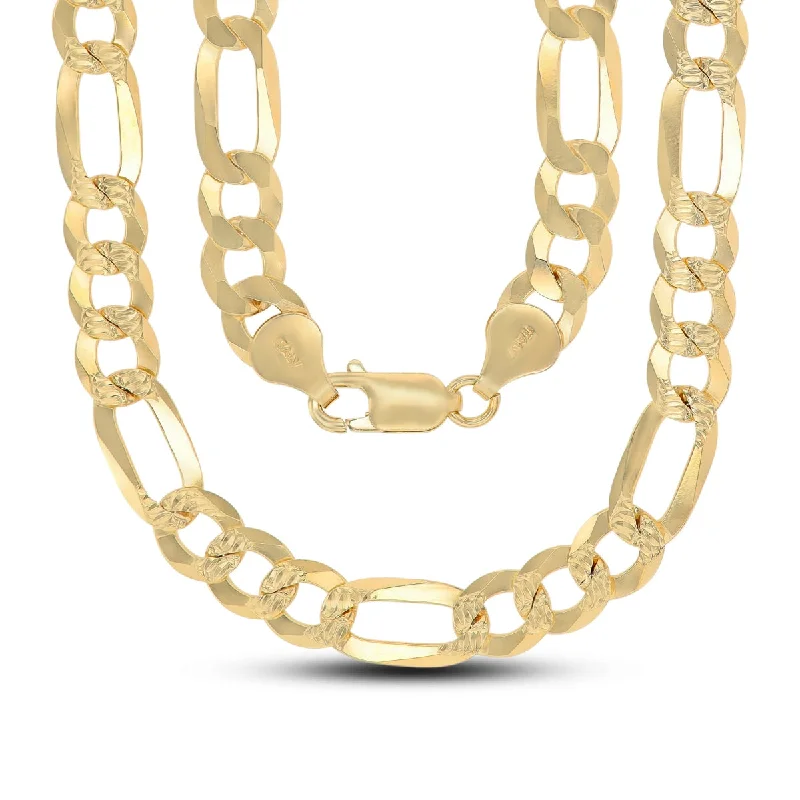 minimalist curve peak necklace-14KT Yellow Gold Plated Sterling Silver 22-inch 7.5MM Pave Figaro Chain