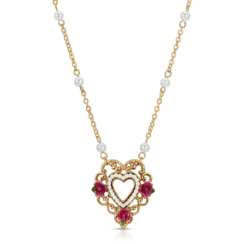 inscribed heritage chain necklace-1928 Jewelry Pink Enamel Flower Faux Pearl Rimed Open Heart Pendant Necklace 16"