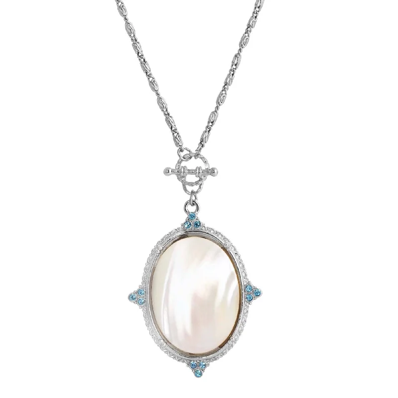 radiant-cut topaz necklace-1928 Jewelry Aquamarine Crystal Mother Of Pearl Oval Pendant Toggle Necklace 30"