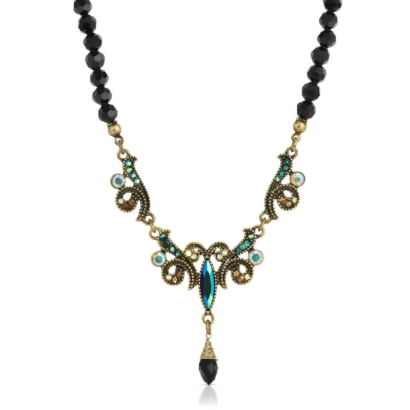 nature-themed crest ridge necklace-1928 Jewelry Peacock Plumage Black Beaded Art Nouveau Style Multi AB Glass Stone Drop Pendant Necklace 16" + 3" Extender