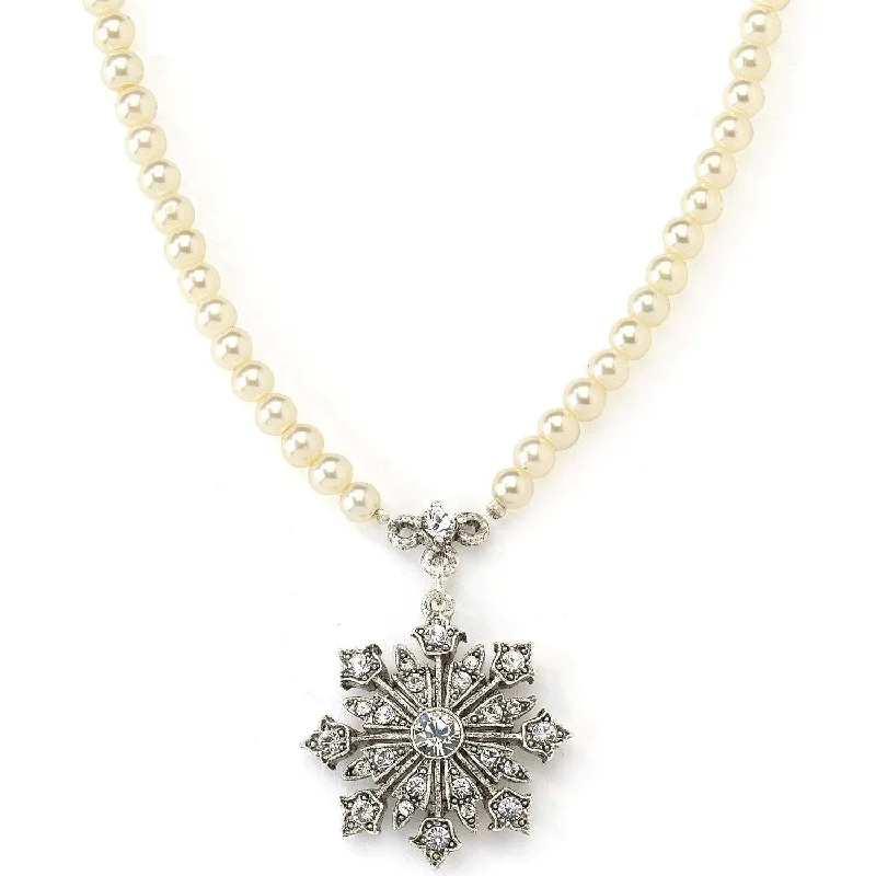 bold hexagonal opal necklace-1928 Jewelry Faux Pearl Strand Crystal Snowflake Pendant Necklace 15" + 3" Extender