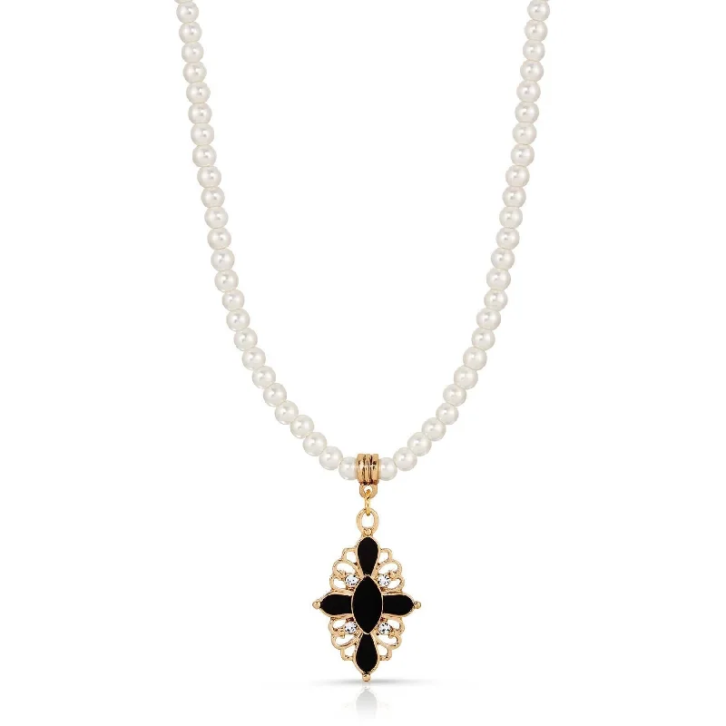 minimalist crest summit necklace-1928 Jewelry Enamel & Stone Black Cross 4mm Faux Pearl Strand Pendant Necklace 15"+ 3" Extender