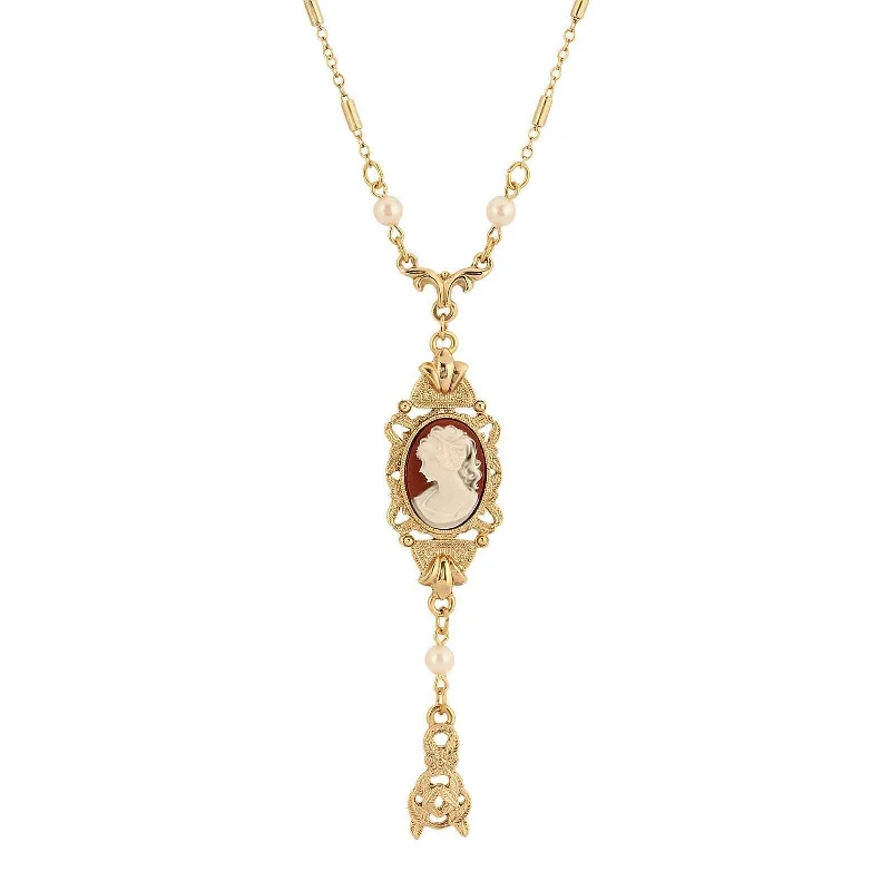 adjustable crest peak necklace-1928 Jewelry Frances Cameo Pendant Faux Pearl & Leaf Drop 24" Necklace